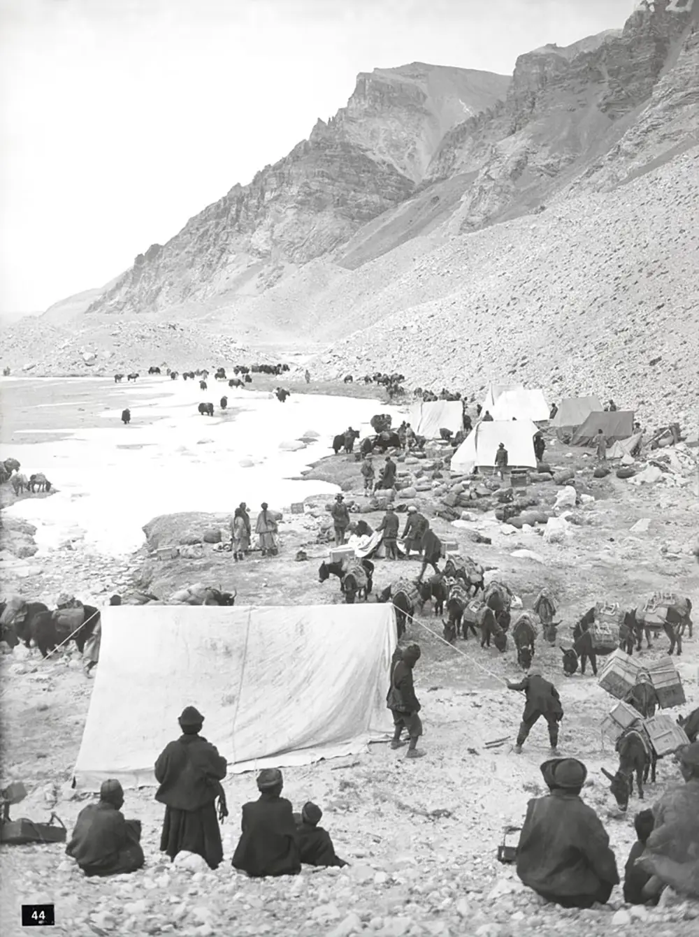 People and horses around a tent at Base camp in 1922 by George Finch 002